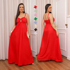 VESTIDO FEMININO LONGO DE ALÇA LASTEX SAIA LONGO VERÃO M-G-GG