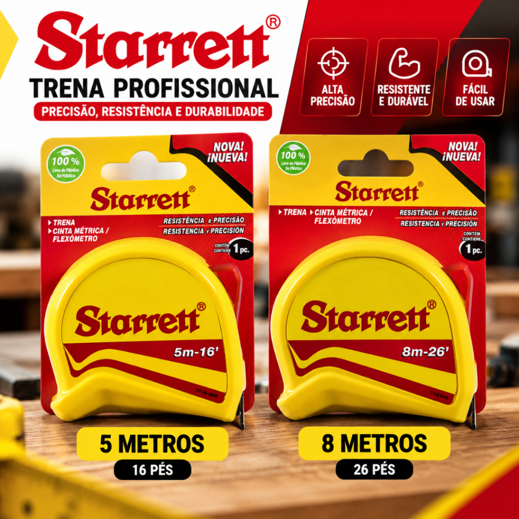 Trena de Bolso Starrett 5m e 8m Fita Métrica Trava Alta Precisão Construção Marcenaria Obras