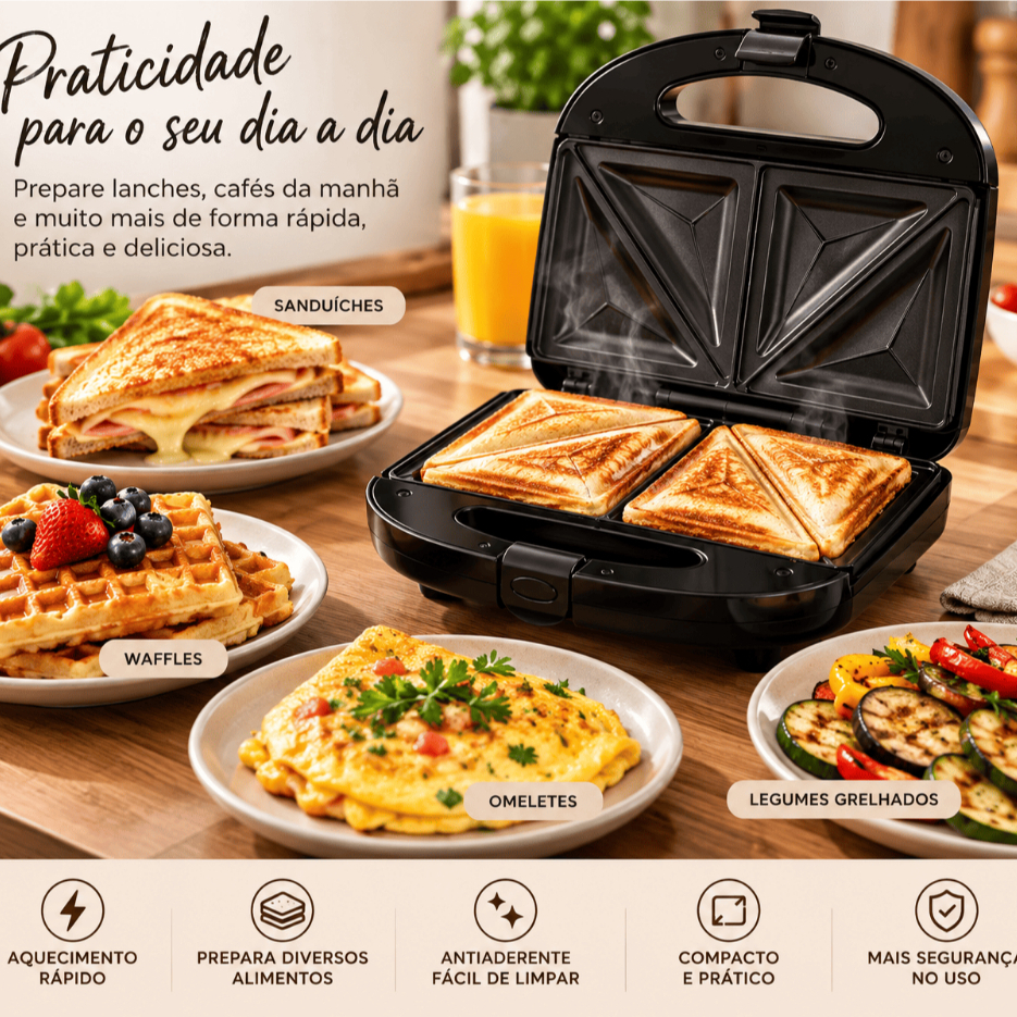 Sanduicheira Grill Elétrica 750W Antiaderente 2 Sanduíches Rápido 110V Preto