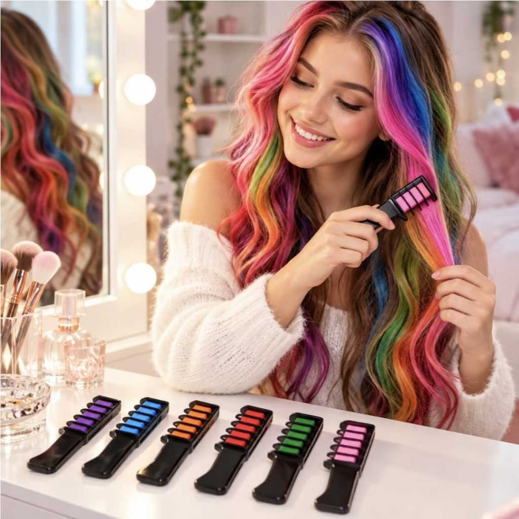 Kit Pente Giz de Cabelo Colorido - 6 Cores Temporárias Coloridas para Festa, Fantasia e Crianças — imagem 2 de 2
