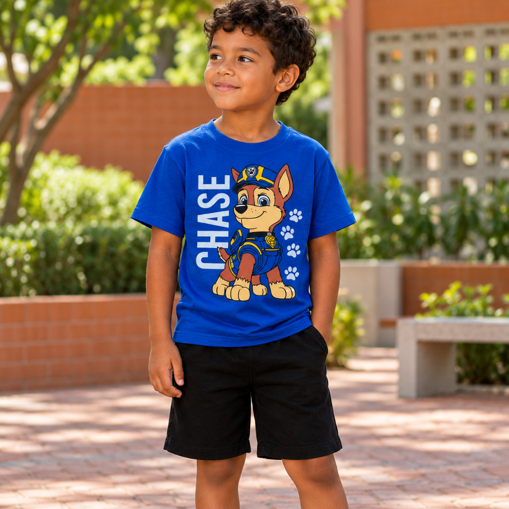 Conjunto Infantil Menino Camiseta Chase Patrulha Estampada e Bermuda de Moletom Casual Confortável Roupa de Verão
