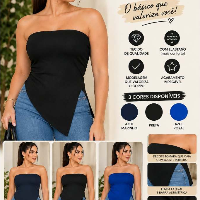 BLUSA ASSIMÉTRICA TOMARA QUE CAIA COM FENDA LATERAL DE MALHA CANELADA MODA TENDÊNCIA ROUPA FEMININA