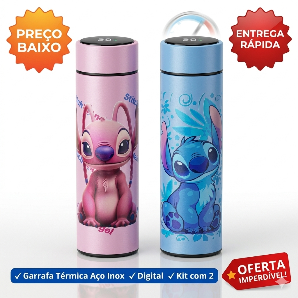 Garrafinha Térmica Stitch Angel Led Inteligente Garrafa De Água Inox Criança Escola Sensor Temperatura Presente Infantil