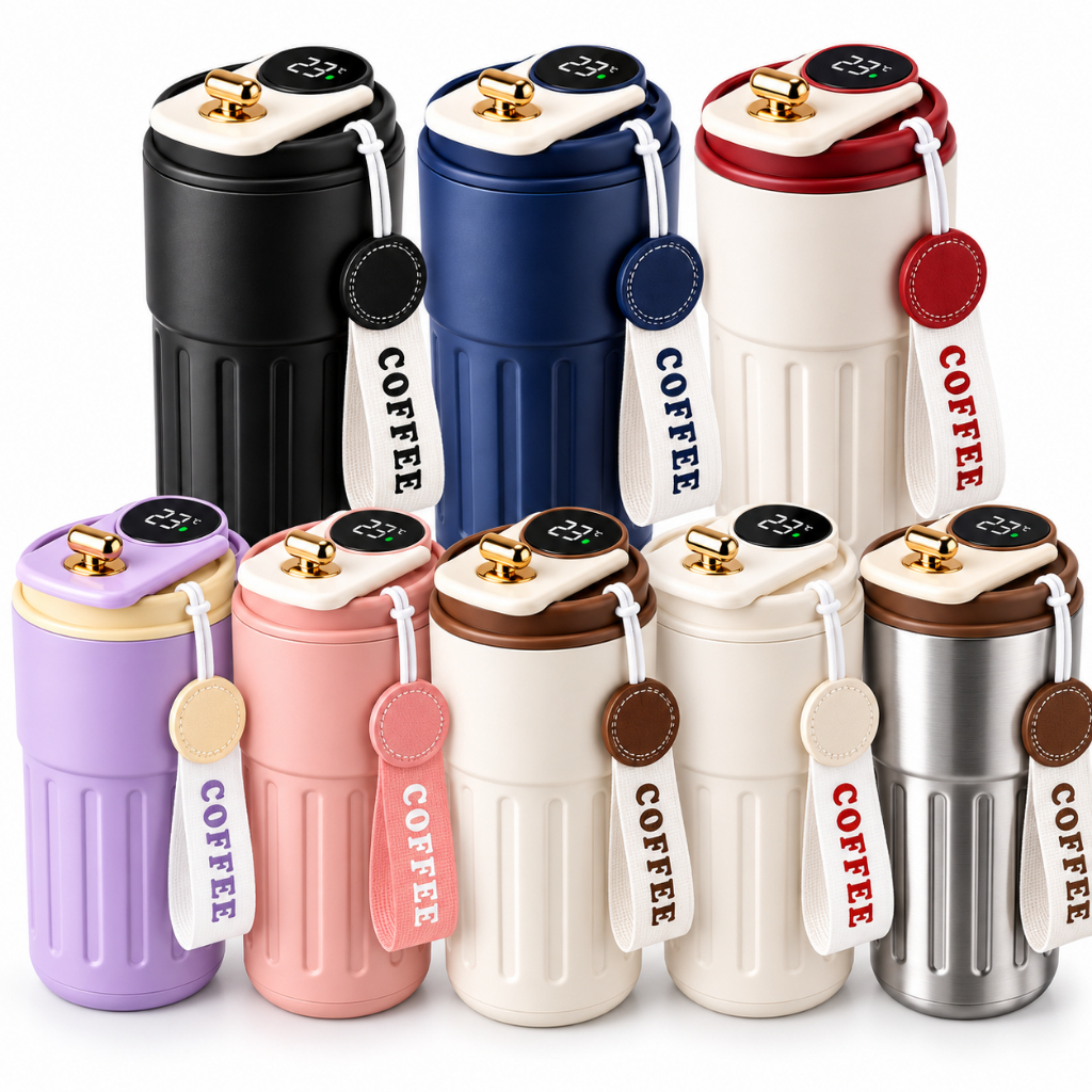 Copo Térmico de Cafe 450 ml Inox com Display Digital Tampa Trava Mantém Bebidas Quentes ou Frias