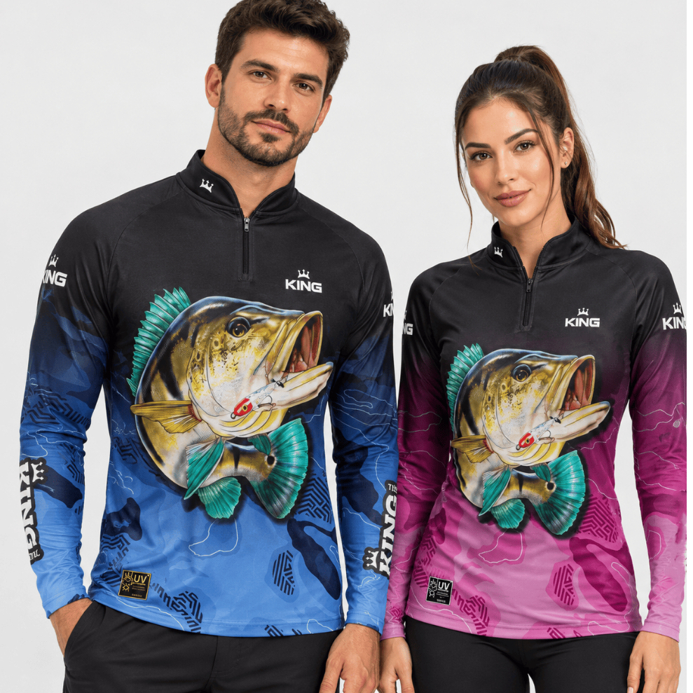 Kit Camisa de Pesca Casal King Tucunaré Brasil Prot. Solar UV50+ Masculina e Feminina