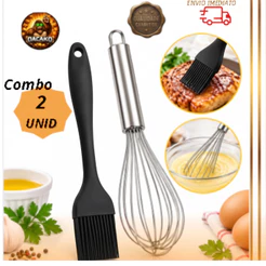 Kit Fue Batedor Inox + Pincel Culinário Silicone Utensílios para Cozinha e Confeitaria