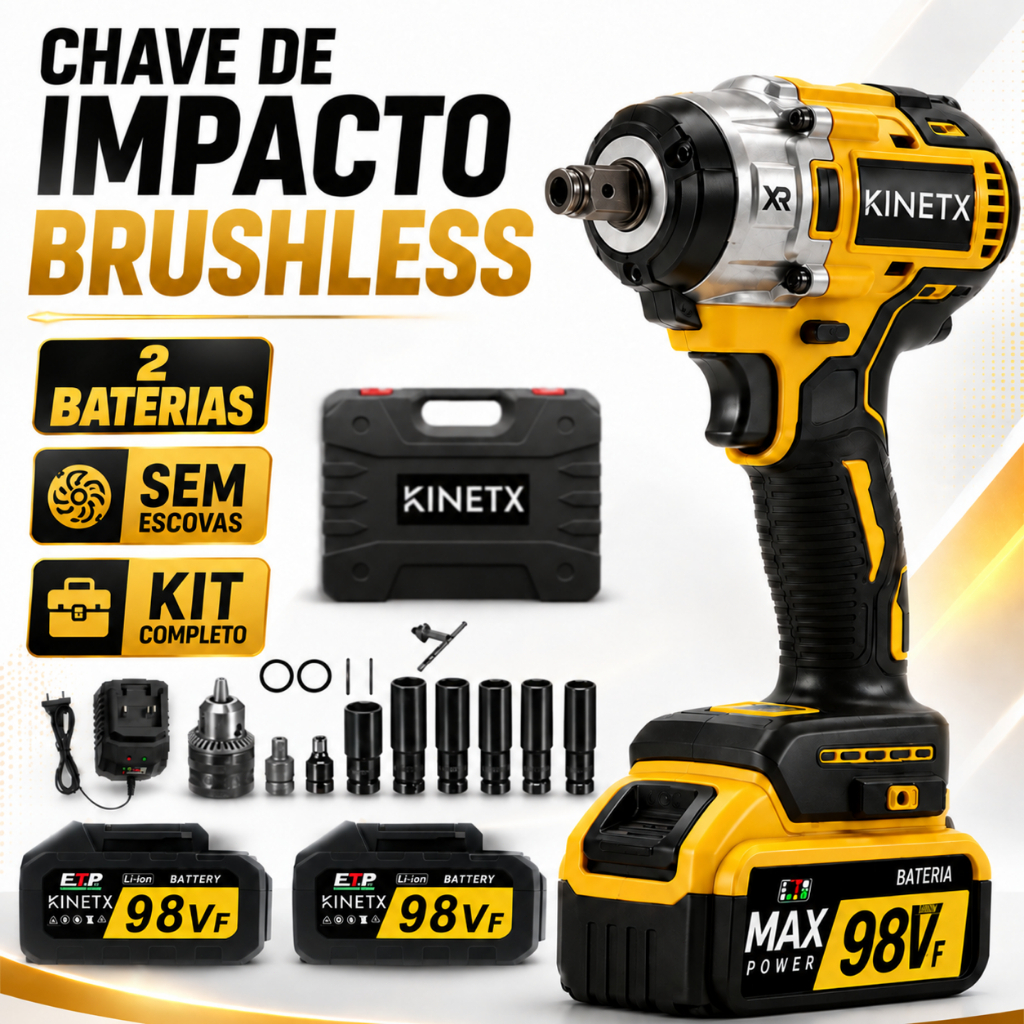 Chave De Impacto Parafusadeira Brushless 880Nm Encaixe 1/2" 21V + 2 Baterias Lítio Soquetes e Maleta