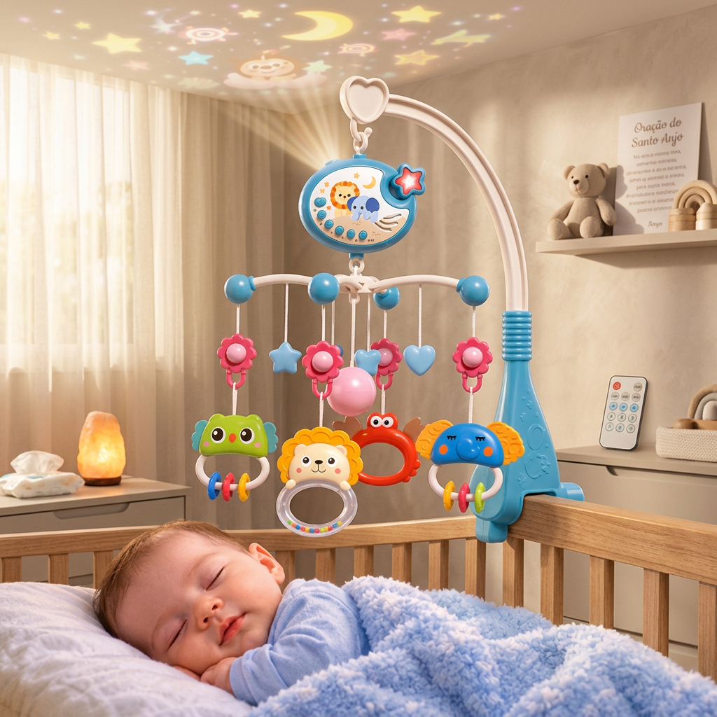 Mobile Musical Para Berco Bebe Com Projetor Controle Remoto Rotacao 360 Timer
