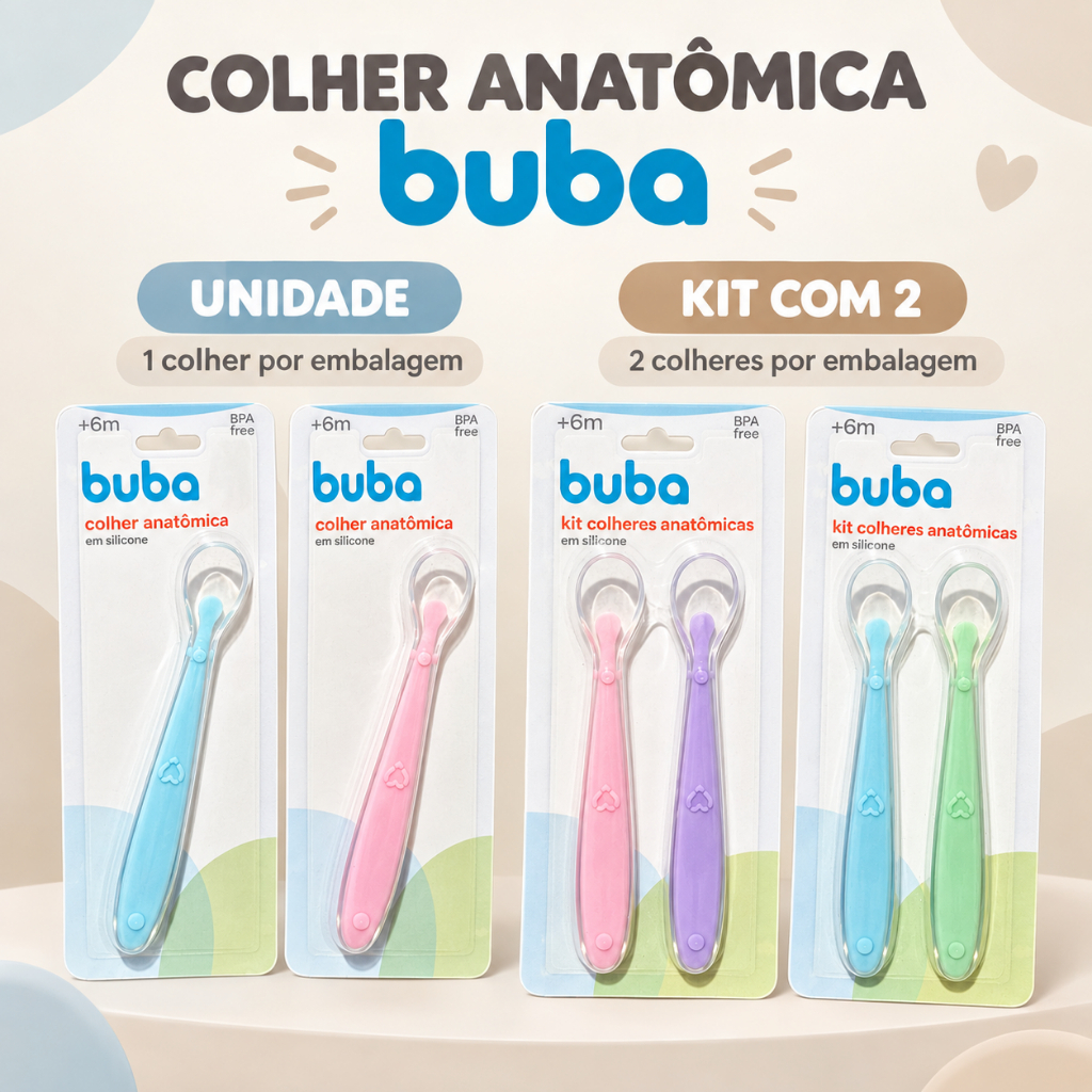 Colheres Anatômicas Buba em Silicone Macio Introdução Alimentar Papinha Bebê
