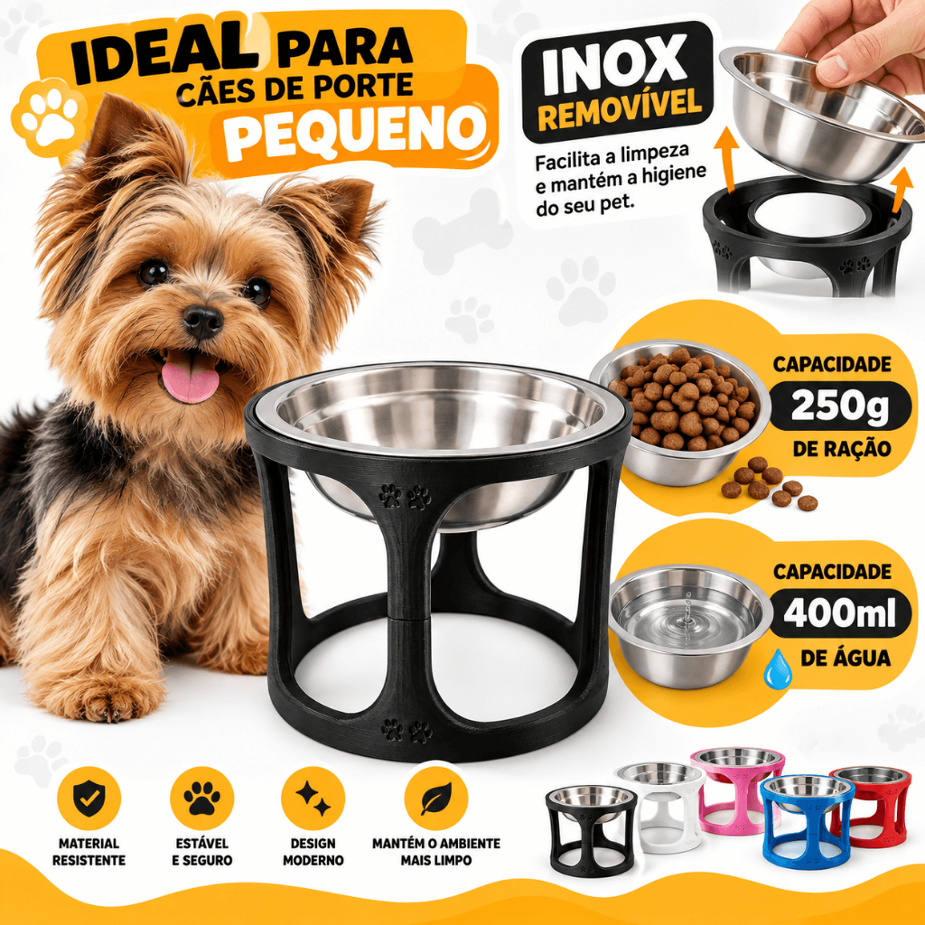 Comedouro Elevado Pet para Cães e Gatos com Tigela Inox Removível para Ração e Água