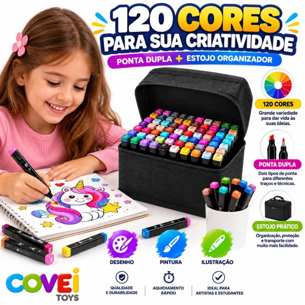 Kit 120 Canetas Coloridas Ponta Dupla Marcadores Artísticos Estojo Desenho Aquarela Para Crianças