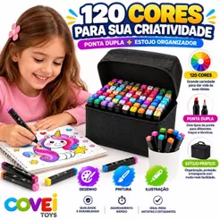 Kit 120 Canetas Coloridas Ponta Dupla Marcadores Artísticos Estojo Desenho Aquarela Para Crianças