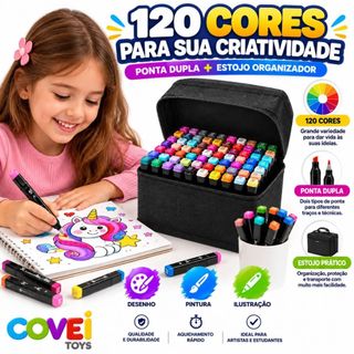 Kit 120 Canetas Coloridas Ponta Dupla Marcadores Artísticos Estojo Desenho Aquarela Para …
