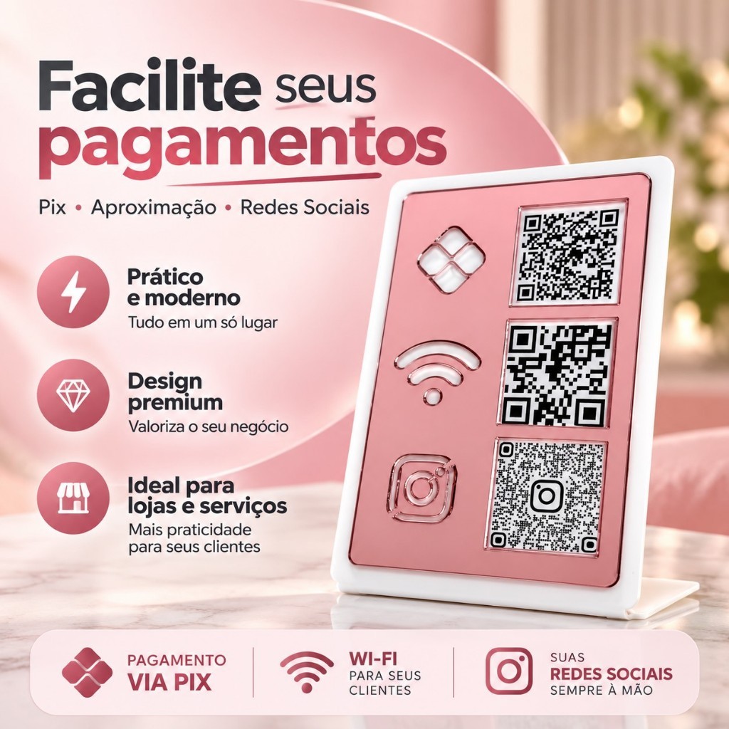 Placa Dourada de Pix Wifi Instagram Qr Code Display Mesa Balcão Loja Frete Gratis Display Pagamento