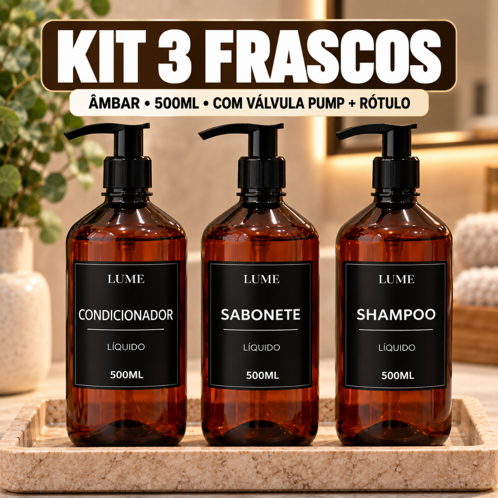 Kit 3 Frascos Banheiro 500ml Dispenser Shampoo Sabonete Condicionador Luxo Reutilizável Kit Banho