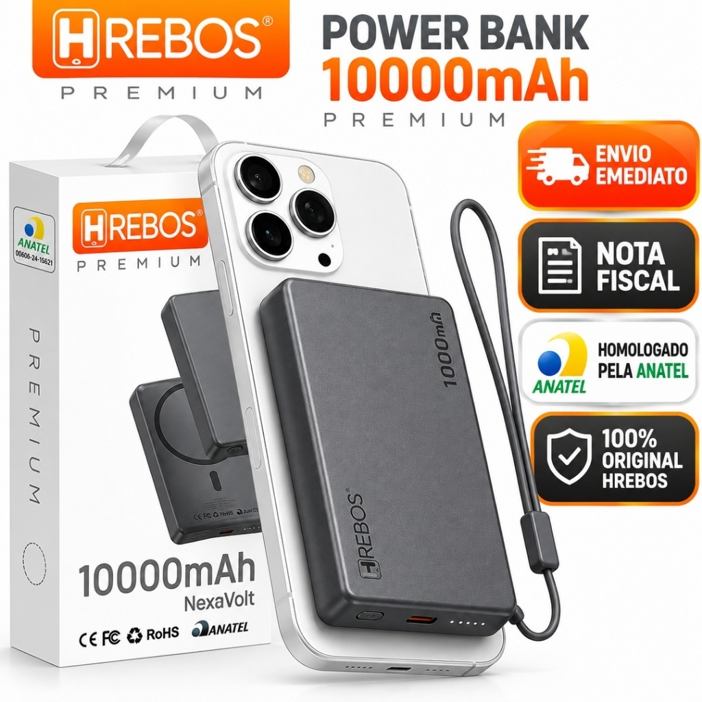 Power Bank Magnético Premium Turbo Para iPhone 10000mah Carregador Portatil MagSafe Indução 10000mAh Hrebos Premium