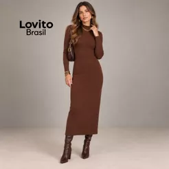 Vestido Midi Tricot Lovito Manga Longa Casual Confortável Moda Feminina DRB432BRL461