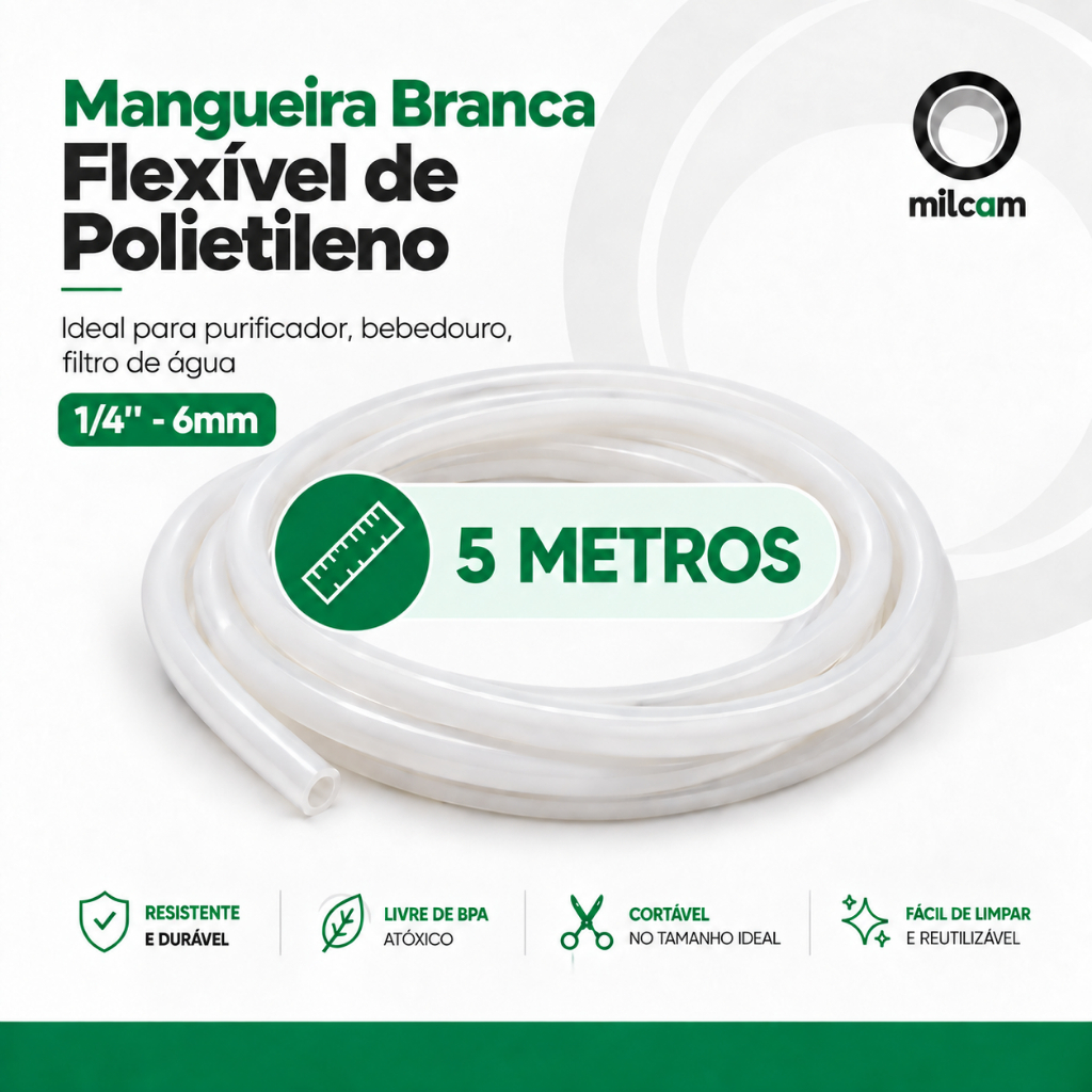 Mangueira Branca Flexível 1/4 6mm Polietileno PEBD Universal P/ Bebedouro Purificador Filtro de Água Atóxica Instalação