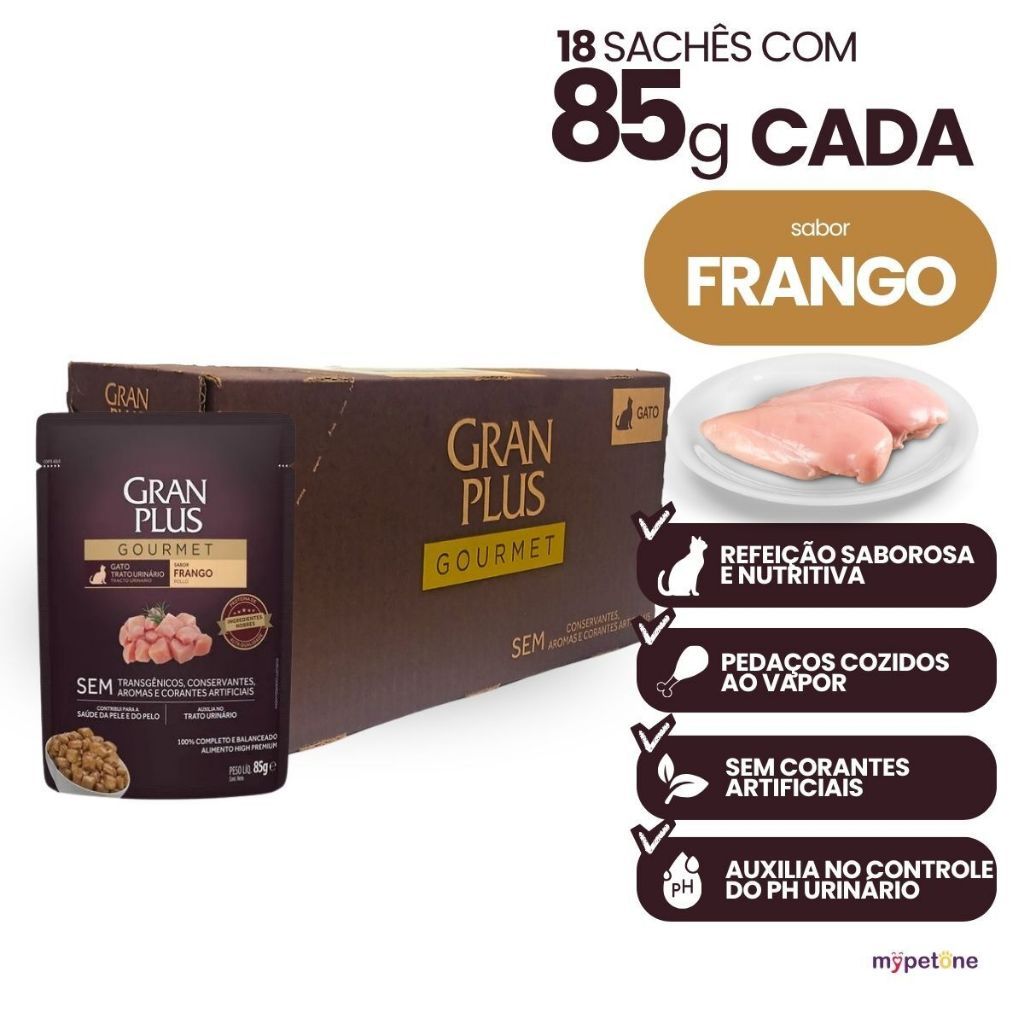 Ração Úmida Sachê GranPlus Gourmet Sabor Frango Gatos Trato Urinário 18 Un 85g