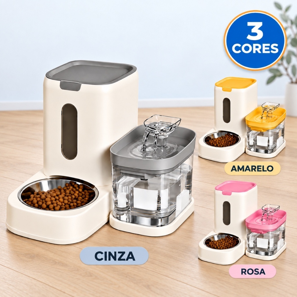 KIT COMEDOURO AUTOMÁTICO E FONTE BEBEDOURO PARA CÃES E GATOS BIVOLT RAÇÃO E ÁGUA O DIA TODO