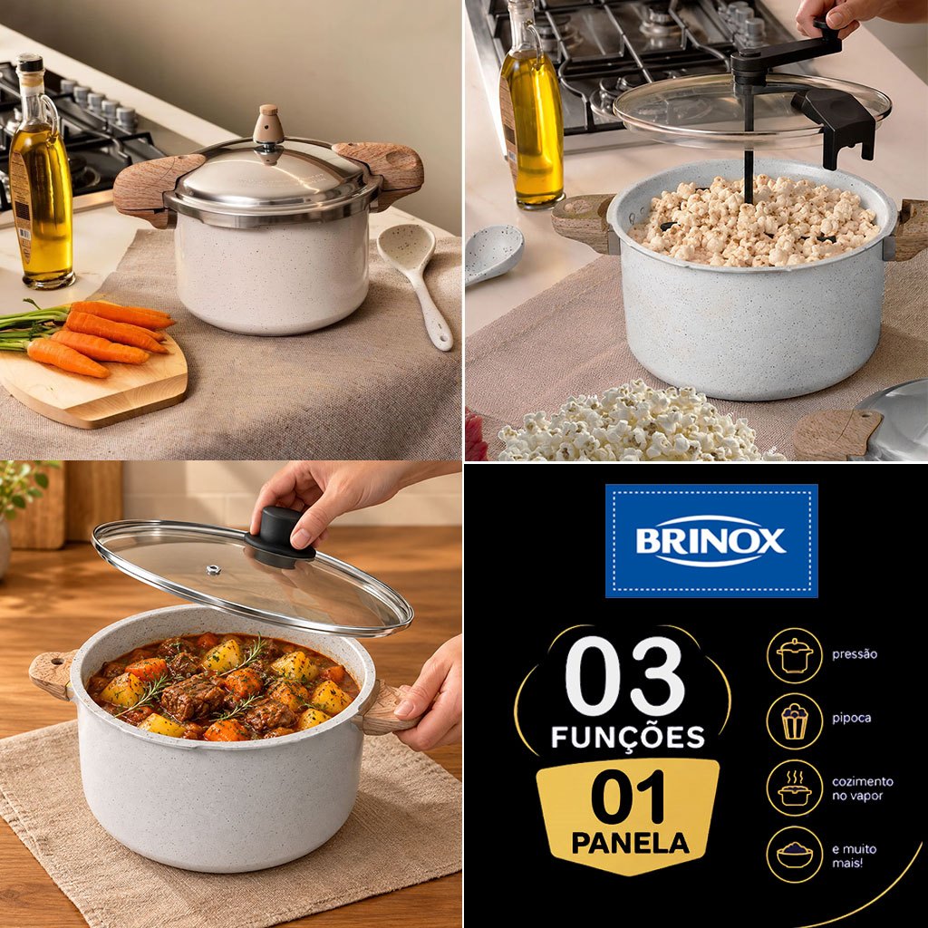 Panela de Pressão 3 em 1 Brinox 5,4L Ceramic Life Creme Indução C/ Tampa de Vidro e Pipoqueira — imagem 2 de 2