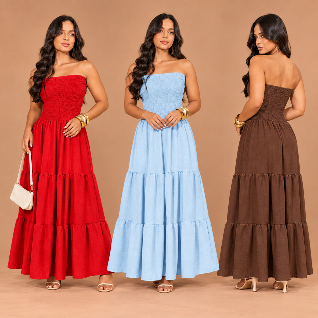 Vestido Longo Feminino Tomara Que Caia Liso Verão Natal Ano Novo