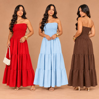 Vestido Longo Feminino Tomara Que Caia Liso Verão Natal Ano Novo