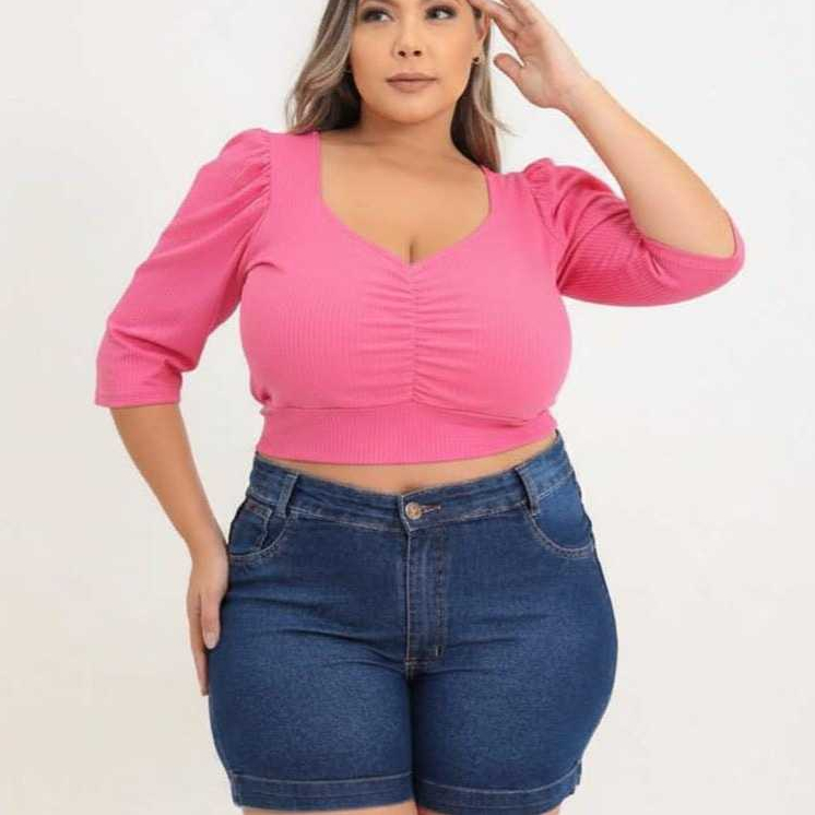 Cropped Decote Franzido Blusa Malha Canelada Plus Size Blusa Verão Extra G