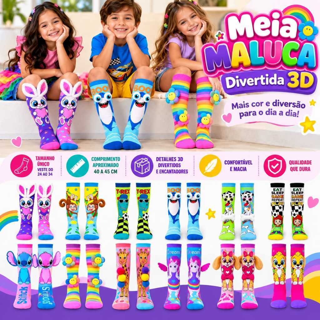Meia 3D Divertida Infantil | Meia Maluca Cano Alto Menino e Menina Coloridas Personagens Confortáveis