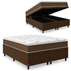 Cama Box Baú Casal Queen Colchão Molas Ensacadas Pillow Top Martino 158x198x66cm Marrom/Branco Umafl