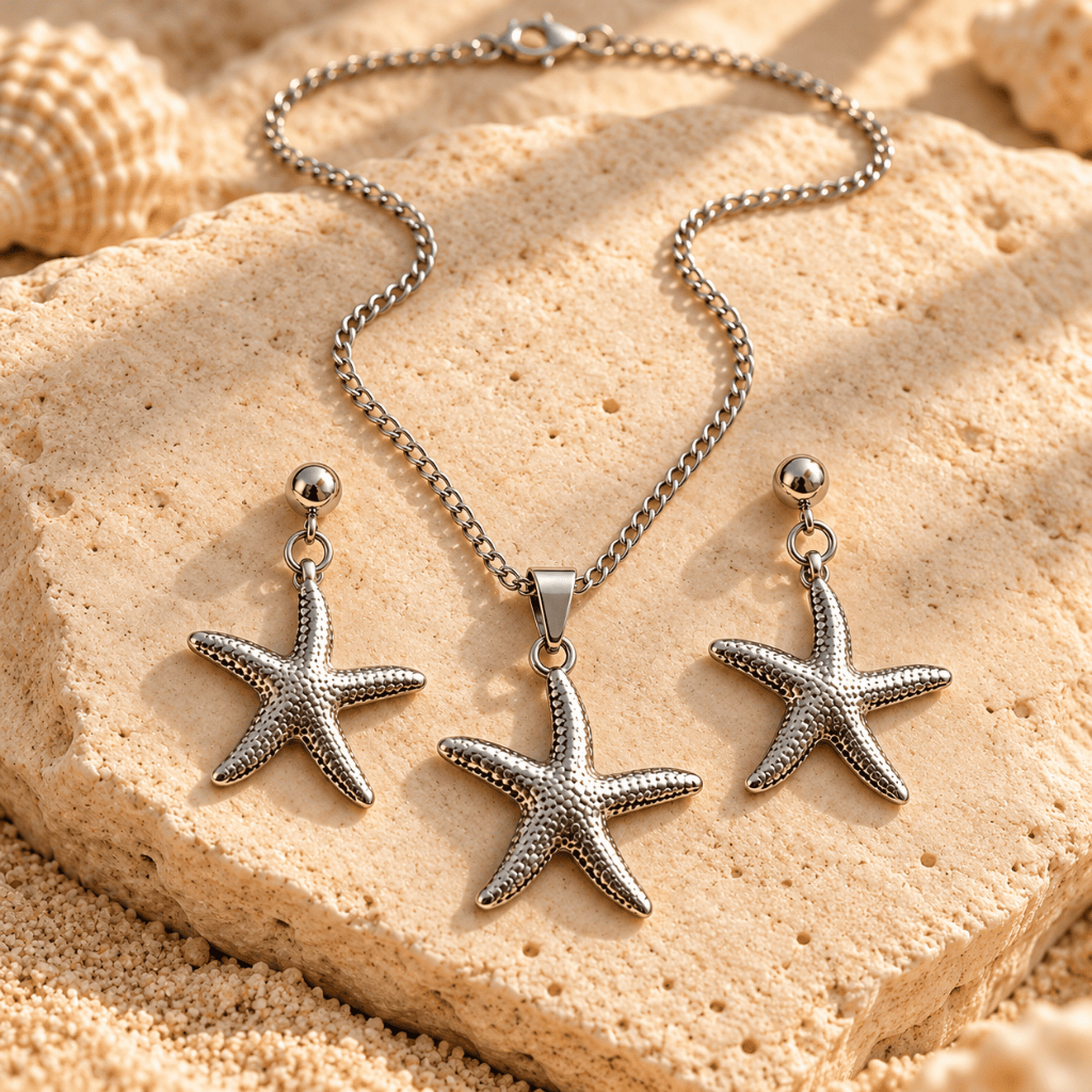 Conjunto Colar + Brincos Estrela do Mar Feminino Aço Inox Prata Praia Verão Hipoalergênico
