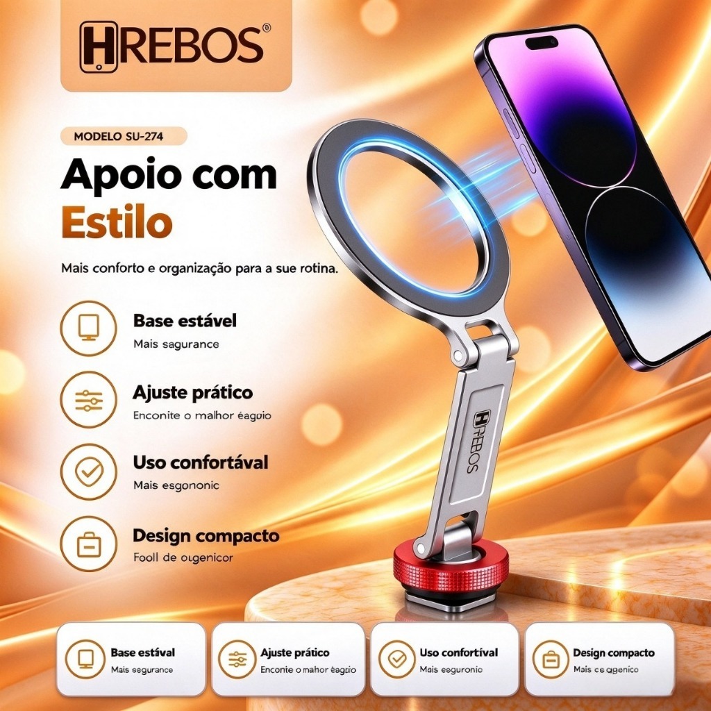 HREBOS Suporte MagSafe Magnético para Tripé, Camera Rosca 1/4” Compatível com iPhone 14 15 16 17 Pro Max