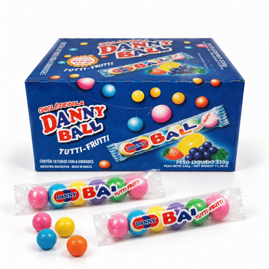 Chiclete Danny Ball Tutti-Frutti - 18 Tubos com 6 Unidades por Pacote - 1, 2 ou 3 Pacotes