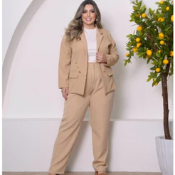 Conjunto Alfaiataria Plus Size GG ao G3 Feminino Casaco + Calça Social Com Botão