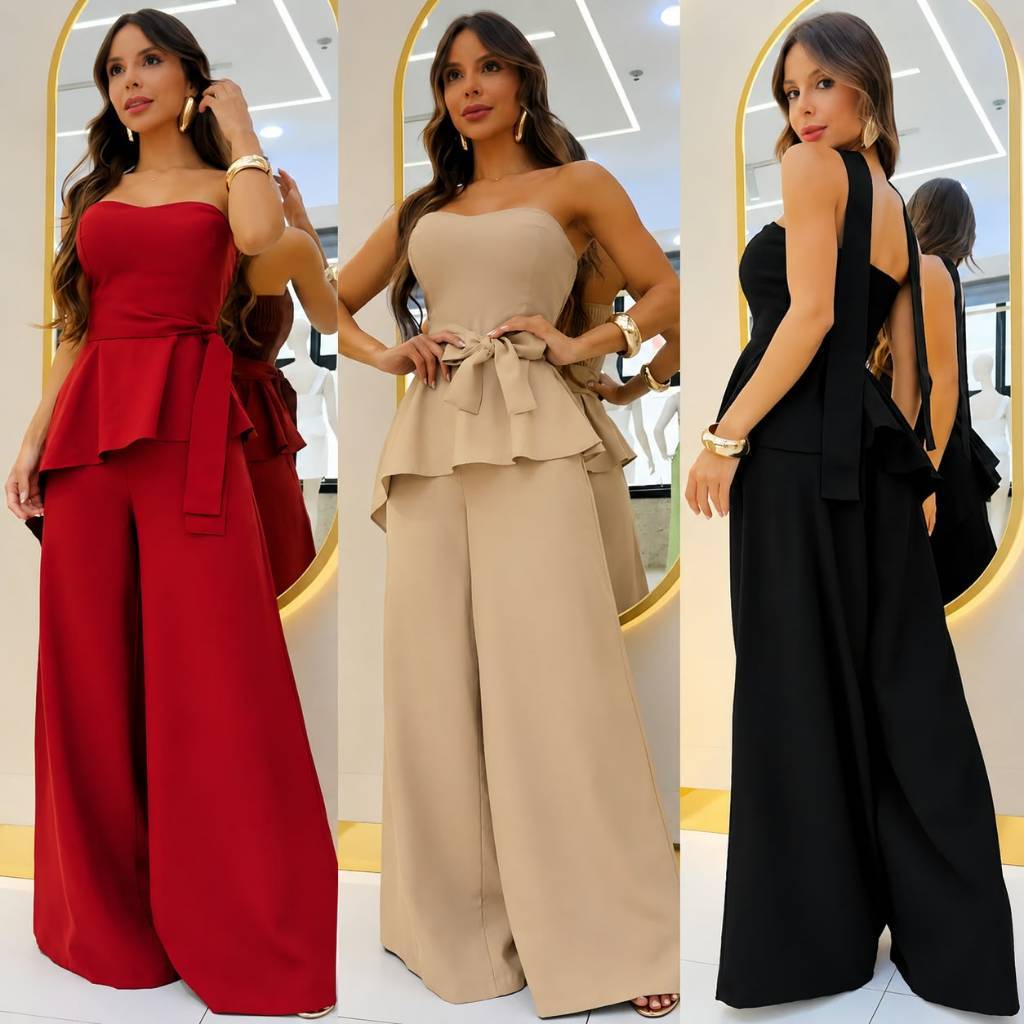 Conjunto Feminino Luxo Em Alfaiataria Premium Com Blusa Tomara Que Caia Peplum Assimetrico E Calça Pantalona Com Faixa