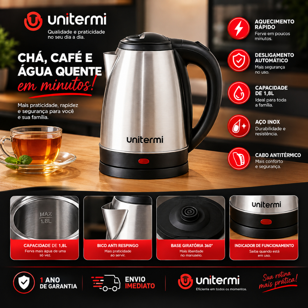 Chaleira Elétrica Unitermi Atacama 1,8 Litro 127Volts Inox Café e Chá