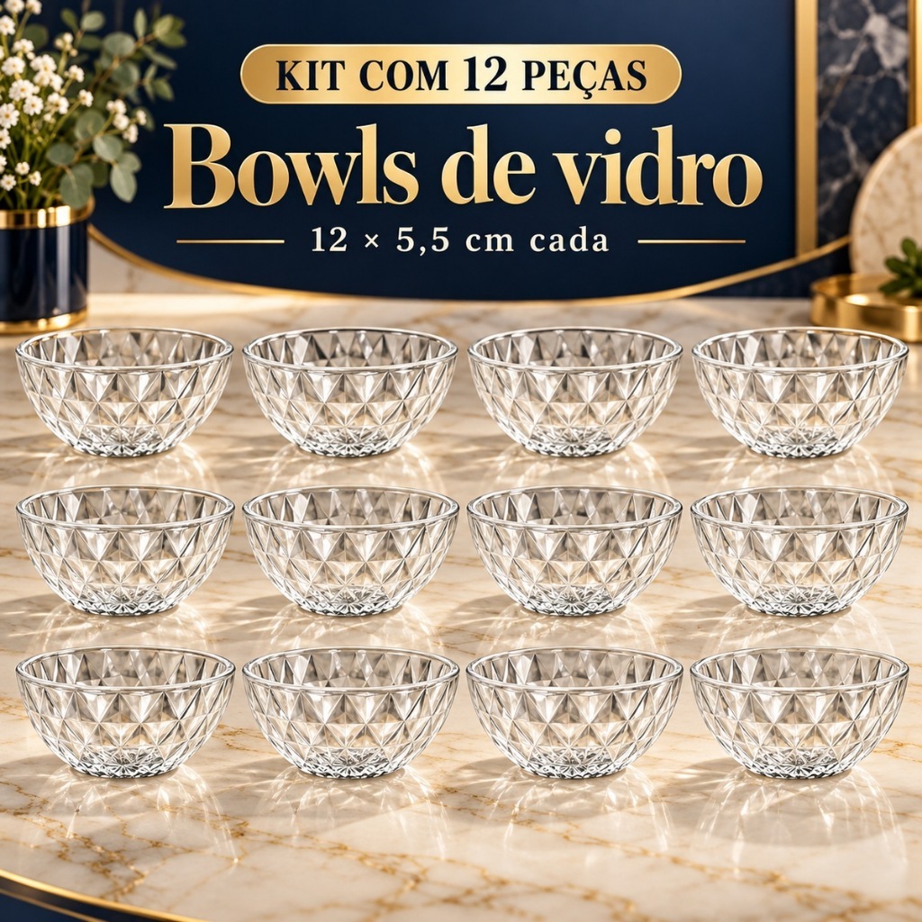 Conjunto 12 Bowl de Vidro 400ml Pote para Sobremesa Sorvete Casa Cozinha Utilidades Tigela de Vidro