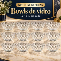 Conjunto 12 Bowl de Vidro 400ml Pote para Sobremesa Sorvete Casa Cozinha Utilidades Tigela de Vidro
