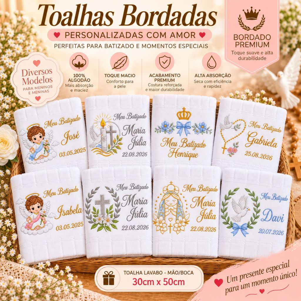 Toalha Batizado Bordada Personalizada com Nome e Data Batismo Presente Religioso Bebê 30cm X 50cm
