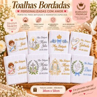 Toalha Batizado Bordada Personalizada com Nome e Data Batismo Presente Religioso Bebê 30cm X 50cm