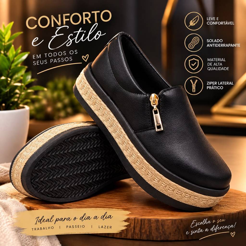 Slip Iate Tenis Casual Feminino Plataforma Zíper Preto