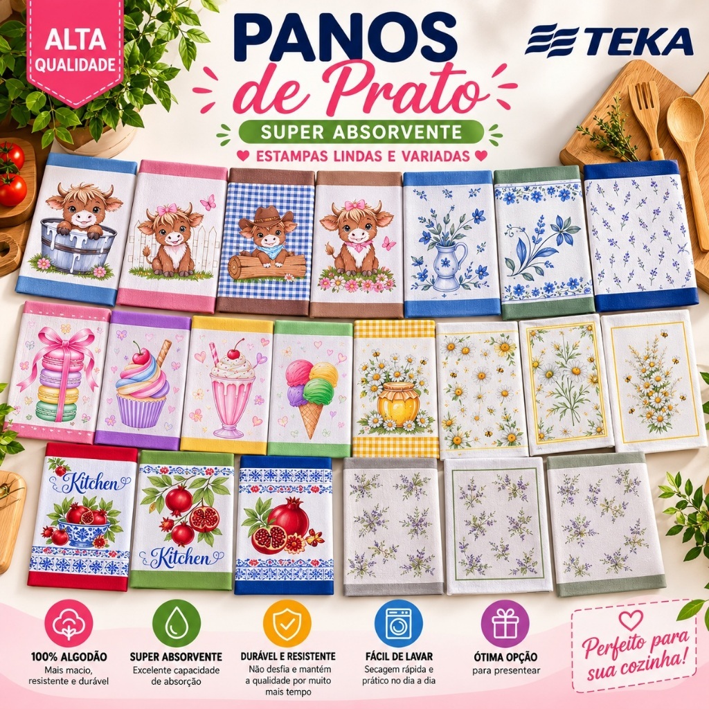 Kit 10 Pano de Prato Copa Atoalhados Teka 100% Algodão