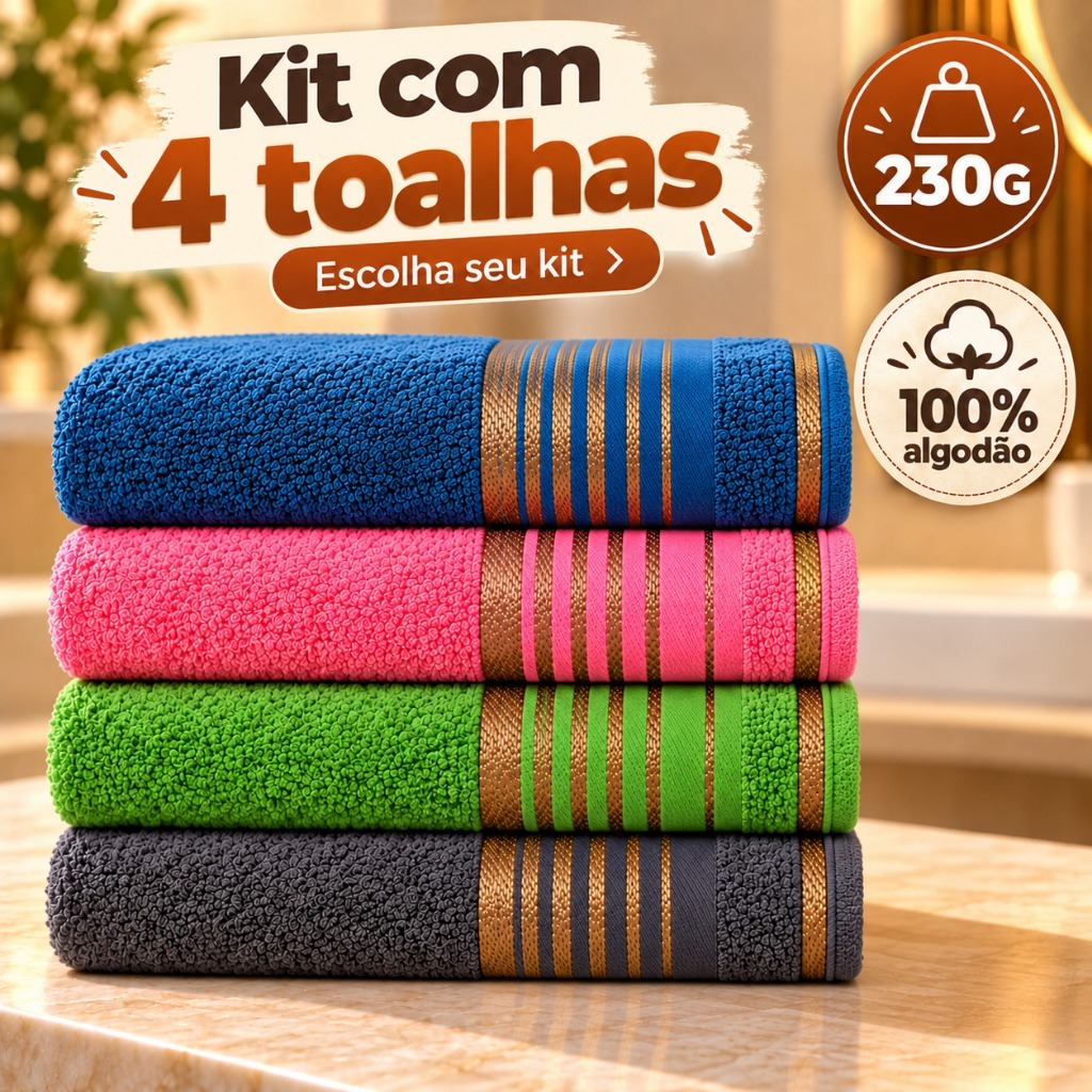 Kit 4 Toalhas de Banho 100% Algodão 70x130cm Maciez Premium Unissex Seca Bem