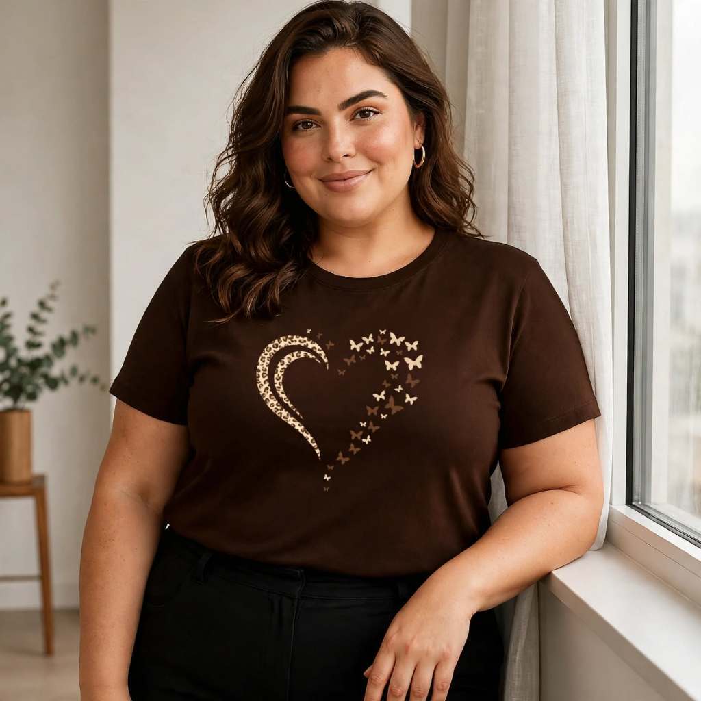 Camiseta Plus Size Feminina Estampada Do P Ao G5 Coração Pintada Academia Treino 100% Algodão Treino Fitness Academia