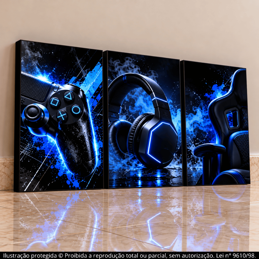 Kit 3 Quadros Decorativos Gamer Moderno Azul Neon Controle Headset Cadeira Gaming Quarto Setup Geek