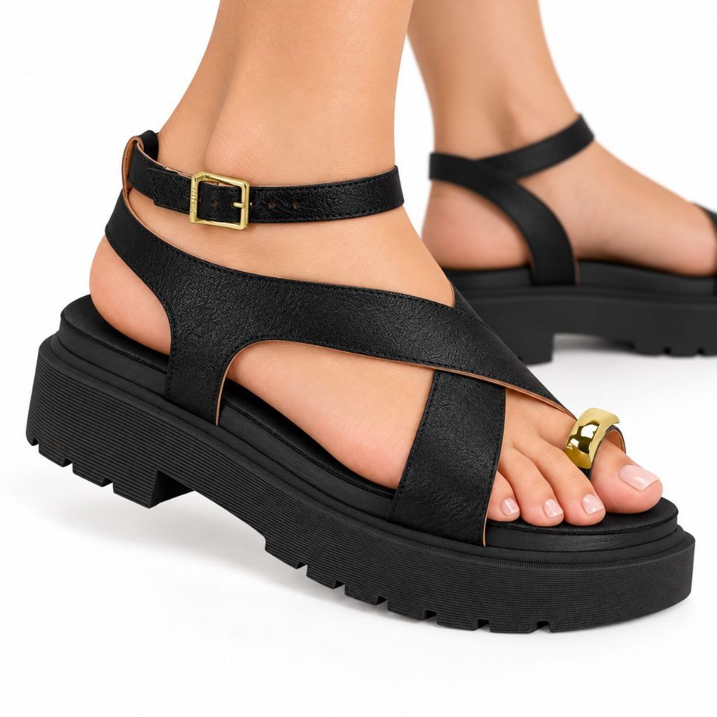 Sandália Vizzano Feminina Plataforma Tratorada Flatform Dedo Fivela Confortável Casual Moda Verão