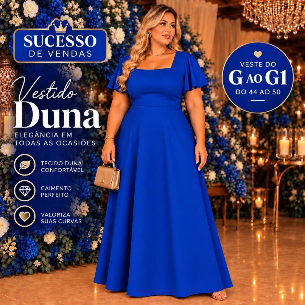 Vestido Longo Plus Size Feminino Elegante Manga Solta Decote Quadrado Tecido Duna Moda Evangelica Festa