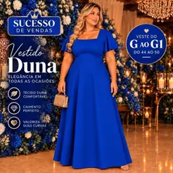 Vestido Longo Plus Size Feminino Elegante Manga Solta Decote Quadrado Tecido Duna Moda Evangelica Festa
