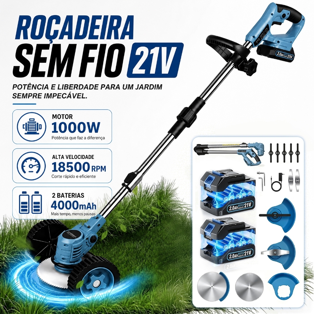 Máquina de Cortar Grama Roçadeira Elétrica Sem Fio 21V 18500RPM Para Jardim Dobevi