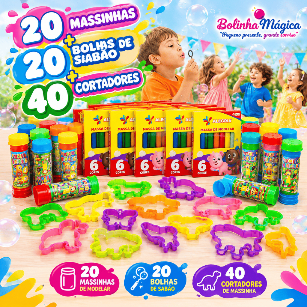 20 Cx Massinha de Modelar + 20 Bolha de Sabao + 40 Cortador Kit Festa Aniversario Prenda Lembracinha